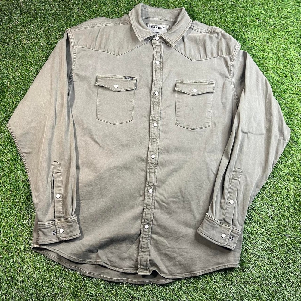 Poncho Outdoors Olive Green Western Snap Shirt Mens Large Regular Fit Utility Co